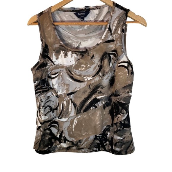 Taupe/Black/White Graphic Print Tiered Ruffle Sleeveless Top - Picture 1 of 2